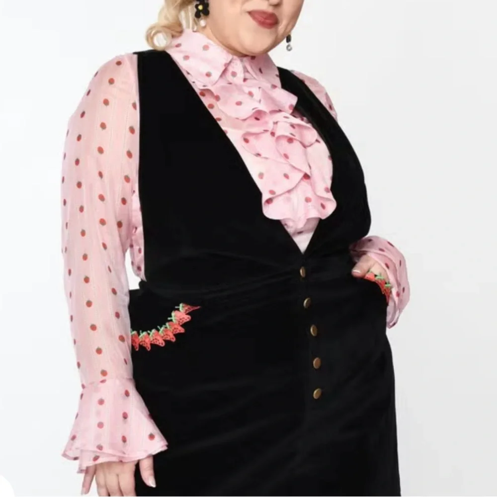 Smak Parlour Curve Pink Strawberries Stripe sheer Ruffle Blouse 2XL - Picture 1 of 7